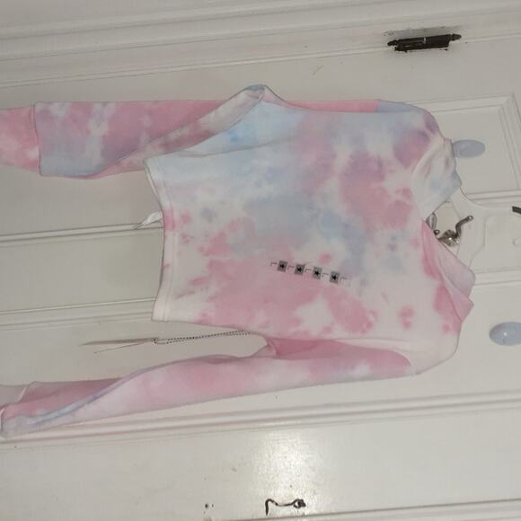 Pink / Blue Tie Dye Lace Up Back Hooded Cropped Sweater - Picture 2 of 6